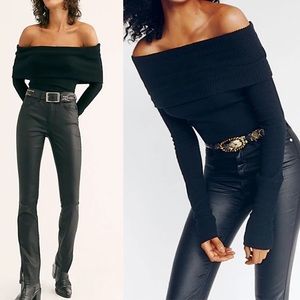 Free People Black Off-Shoulder Foldover Ribbed Sweater Top